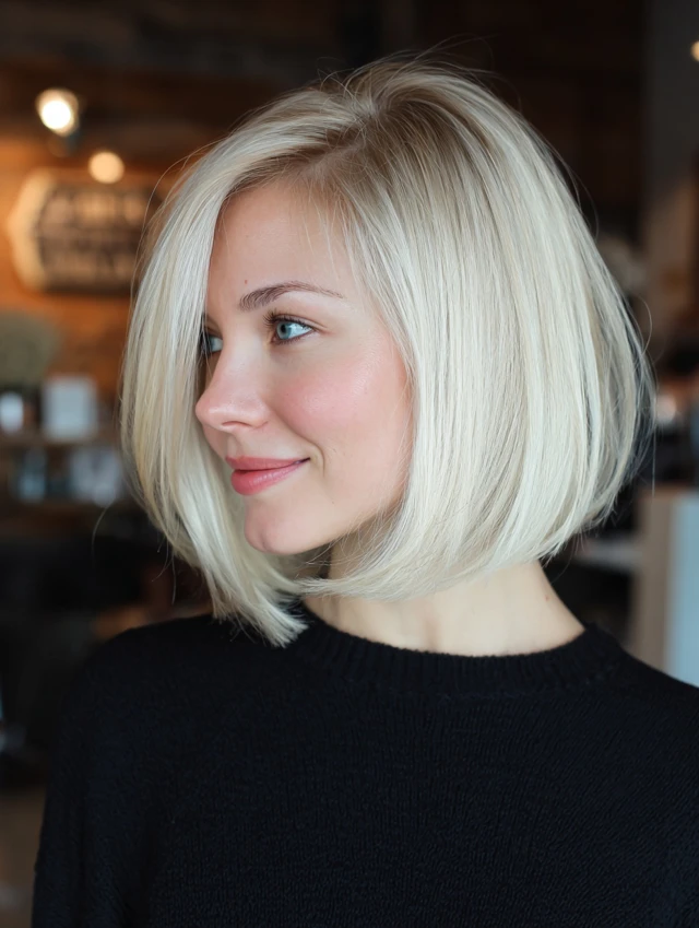Old money blonde bob with a side part on fair skin, worn sleek