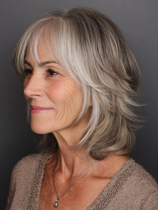 Feathered silver shoulder-length haircut with side part