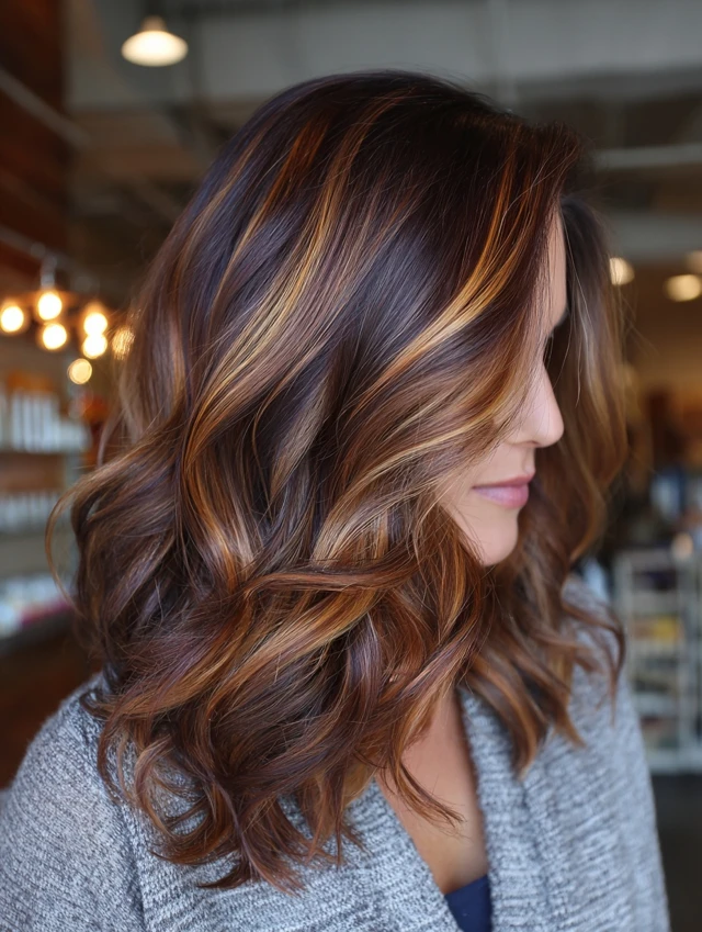 Long dark brown hair with amber balayage and defined waves