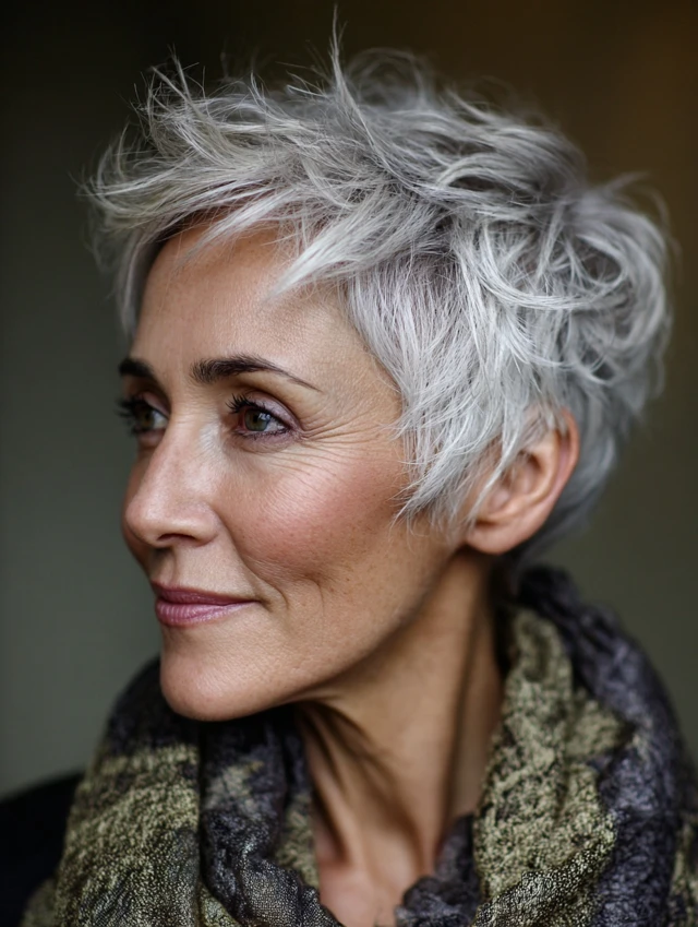 Textured silver pixie with piecey layers on an older woman