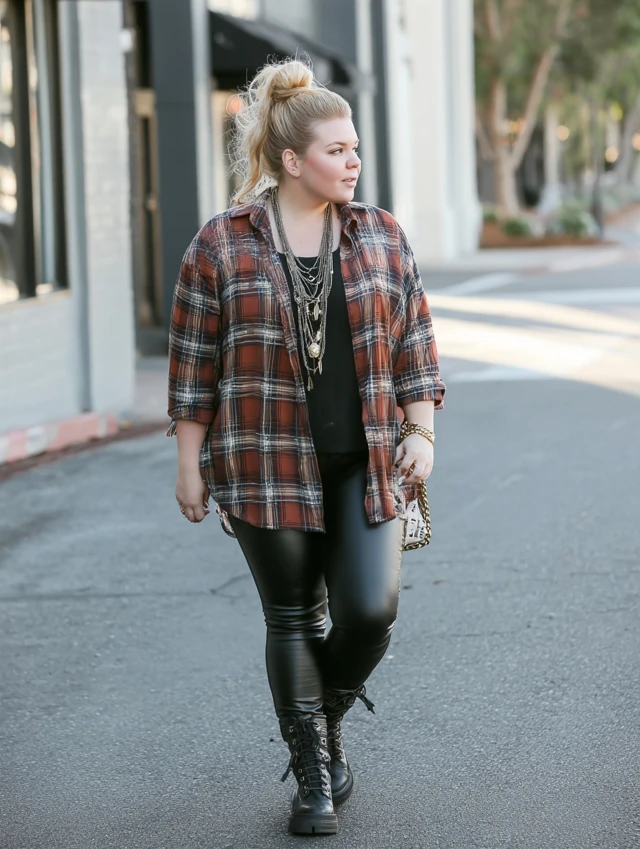 Woman in black lace-up combat boots, black faux leather leggings, a black top and an open rust plaid flannel shirt with layered necklaces
