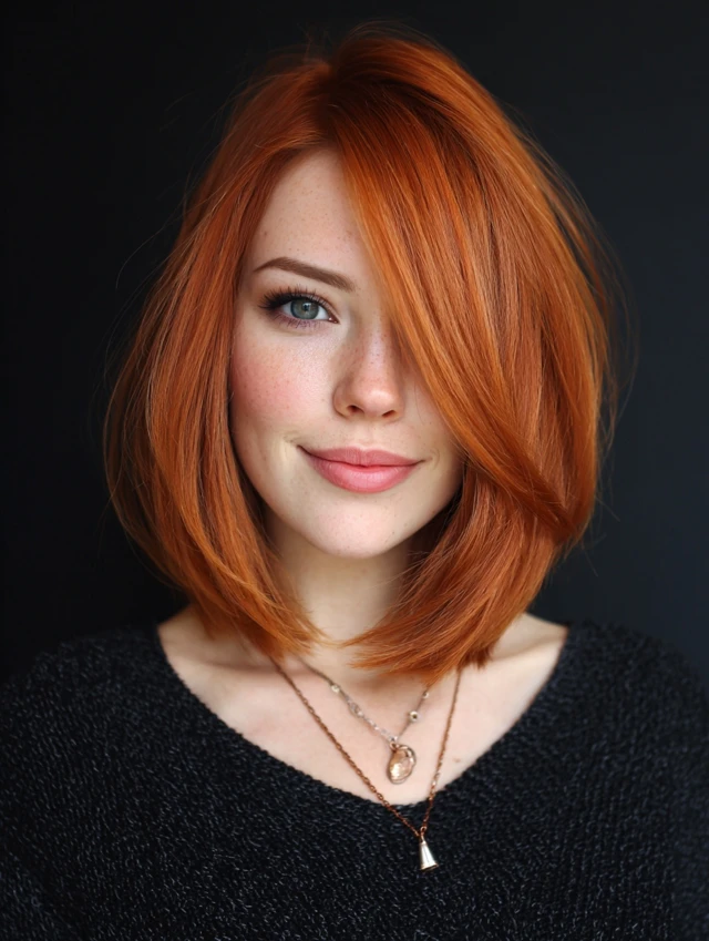 Vivid copper lob styled with a deep side part