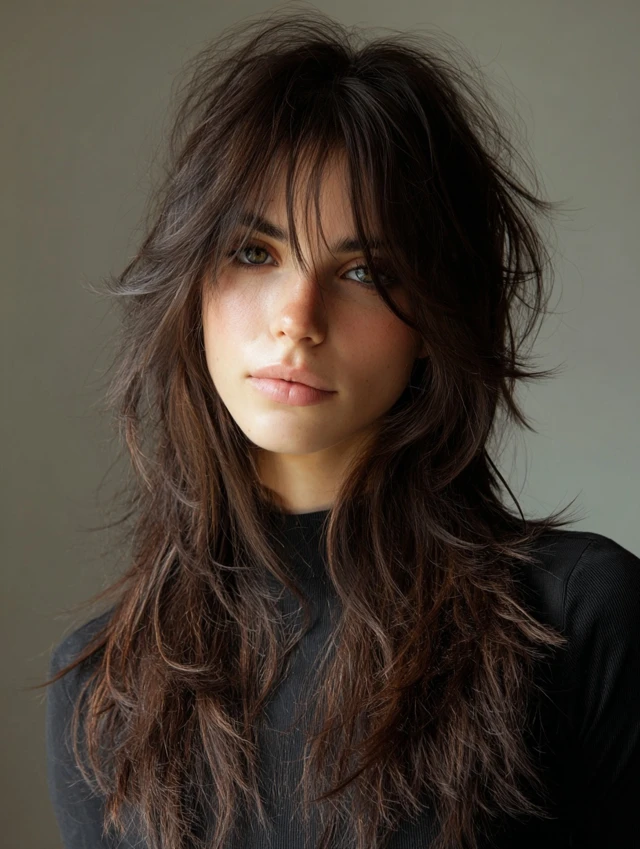 Dark brown long shag haircut with wispy bangs