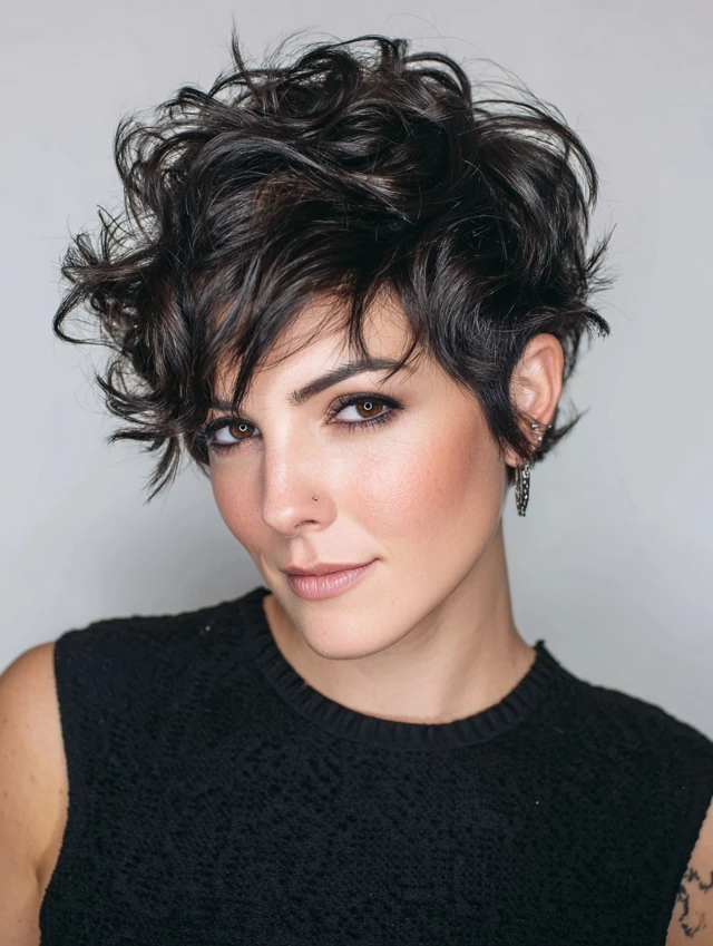 Curly bixie haircut blending bob and pixie lengths