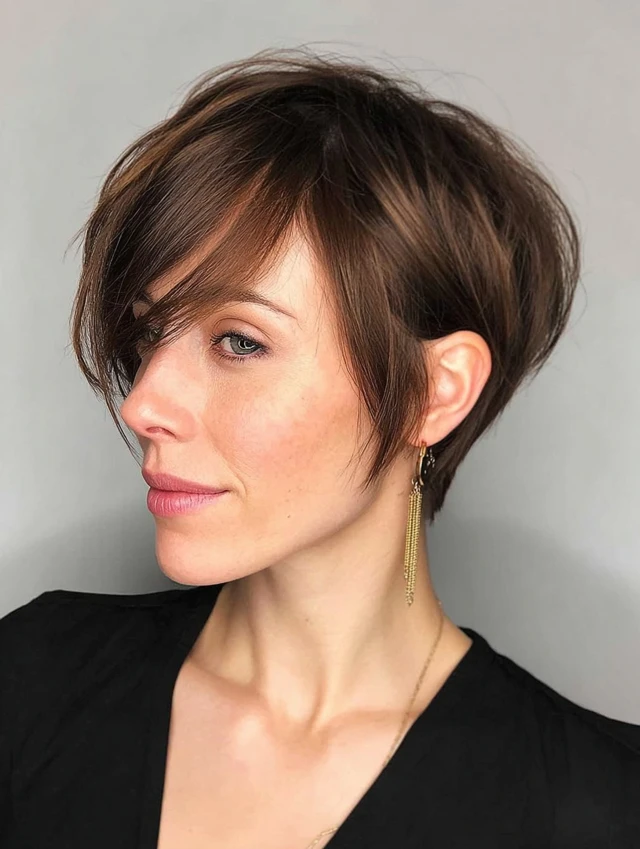 Chocolate brown bixie cut with a long sweeping fringe