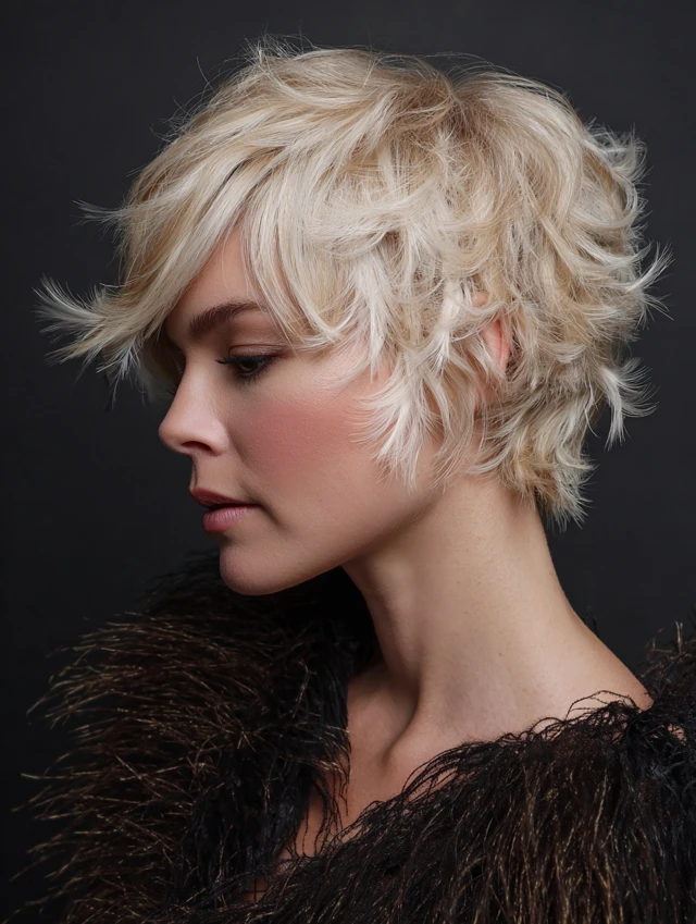 Platinum blonde bixie crop with piece-y texture and fringe