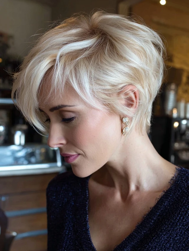 Platinum blonde textured pixie with a wispy fringe