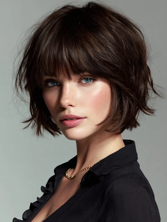 Textured chin-length bob with side-swept bangs