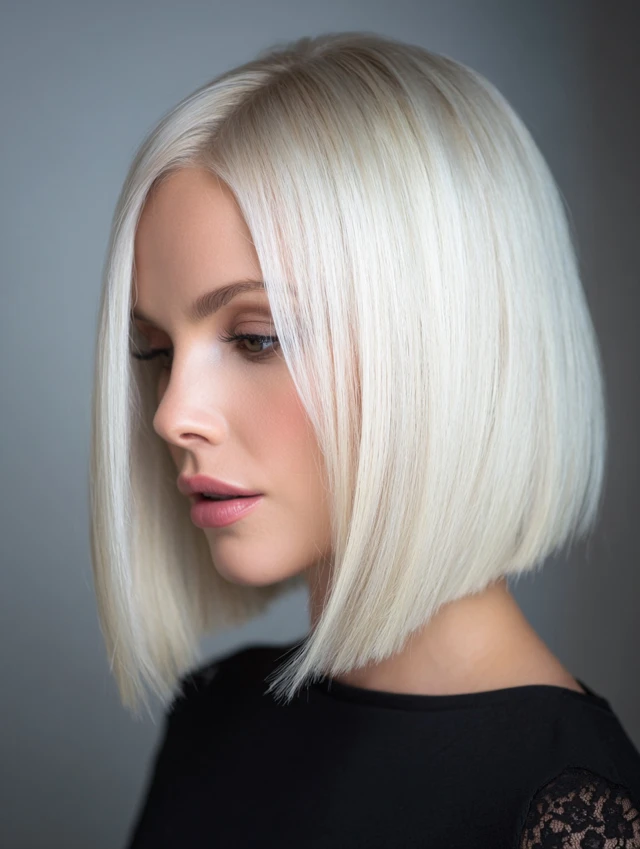 Icy platinum blonde blunt bob haircut
