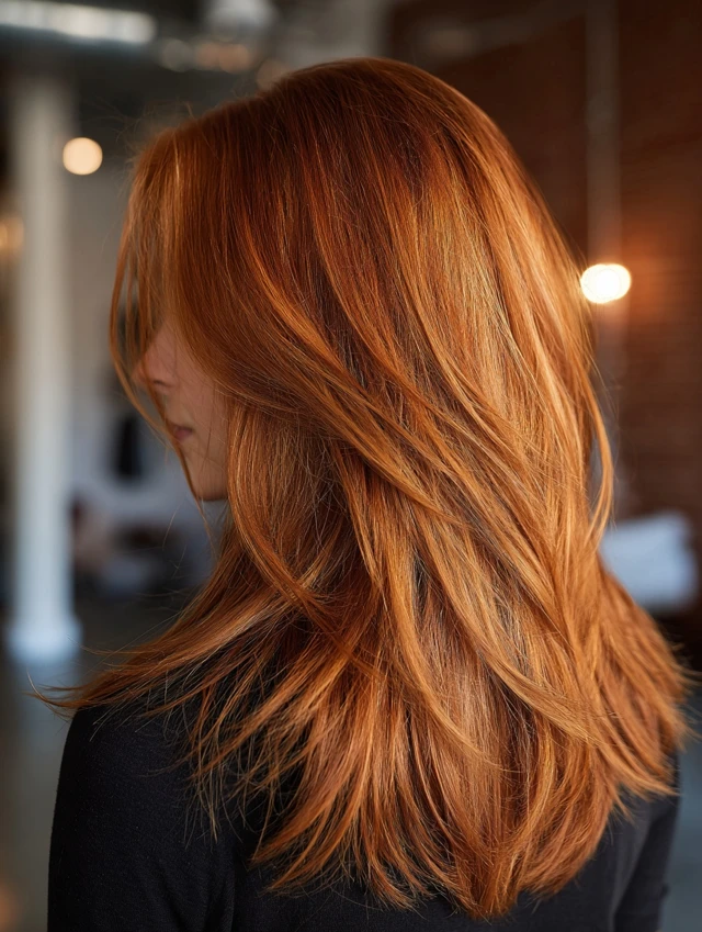 Layered copper hair with toffee-toned ribbon highlights