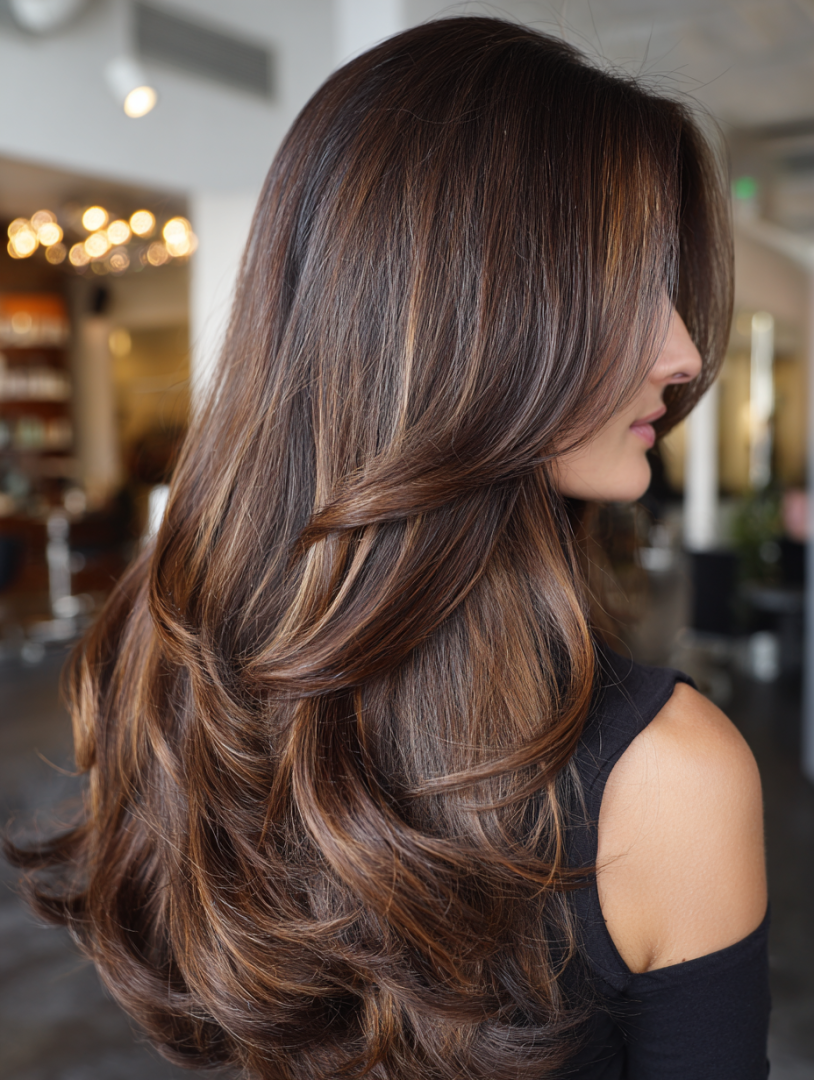A woman with long voluminous espresso layers and a deep side part