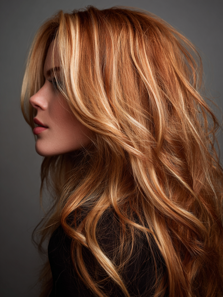 Strawberry copper hair with bold golden blonde face-framing highlights
