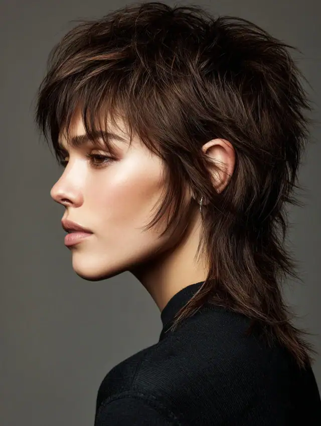 Dark brown shaggy short haircut with mullet-inspired layers