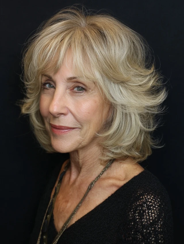 Blonde shoulder length haircut with feathered bangs on an older woman