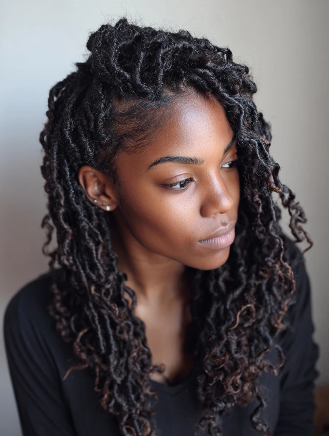 Two-strand twist locs past the shoulders with curly ends