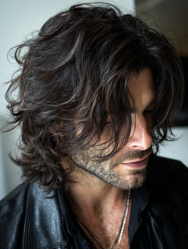 Man with a layered wolf cut hairstyle