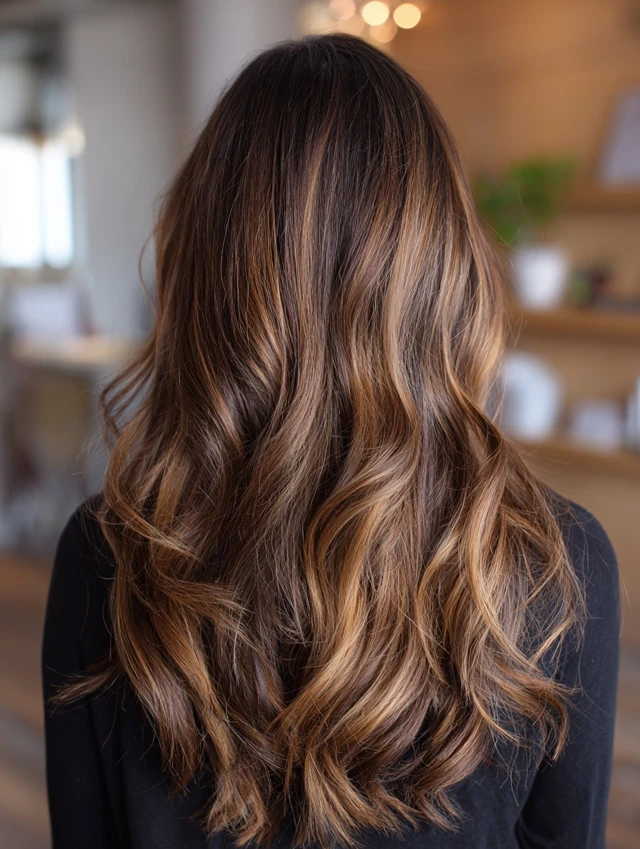 Back view of long textured layered hair with honey-toned warm balayage over brunette