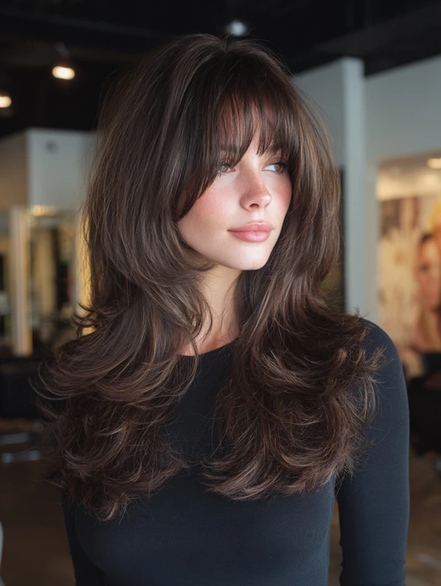 Woman with voluminous dark brown layered hair and curtain bangs