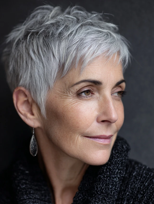 Curly silver pixie haircut for gray hair