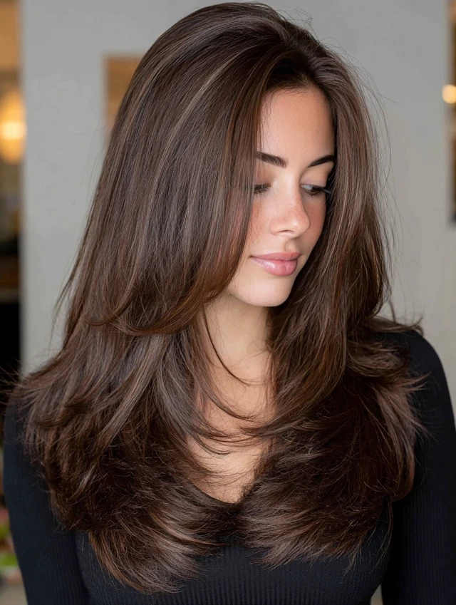 A woman with a rounded chocolate-brown blowout