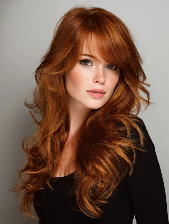 Long copper red layered hair with side-swept bangs