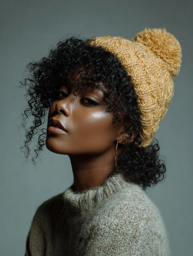 Woman in a mustard pom beanie with dark curly hair and curly bangs