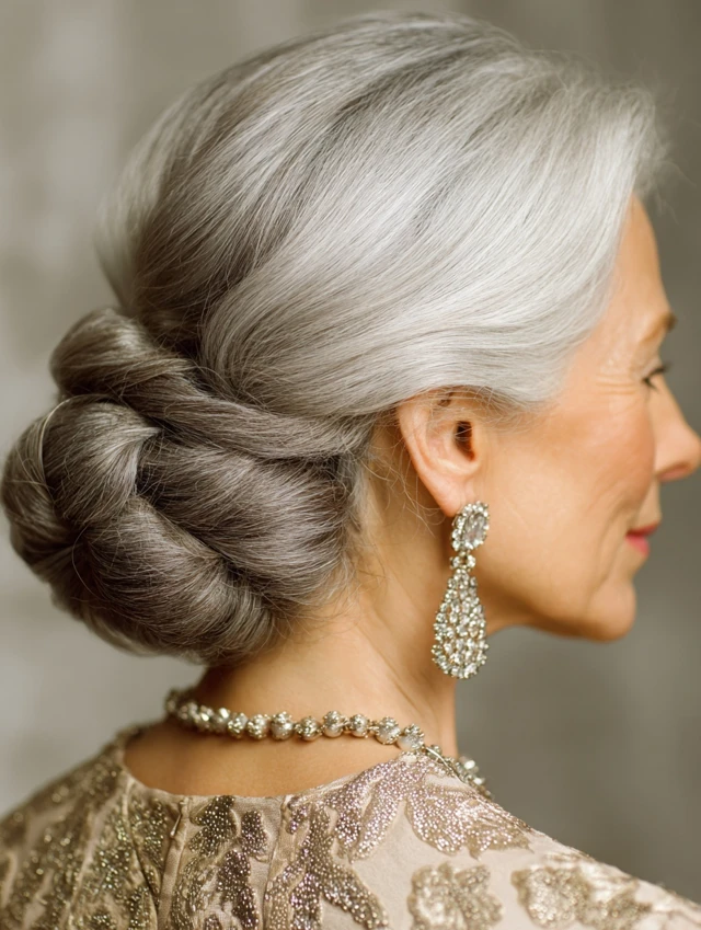 Elegant silver low chignon updo hairstyle
