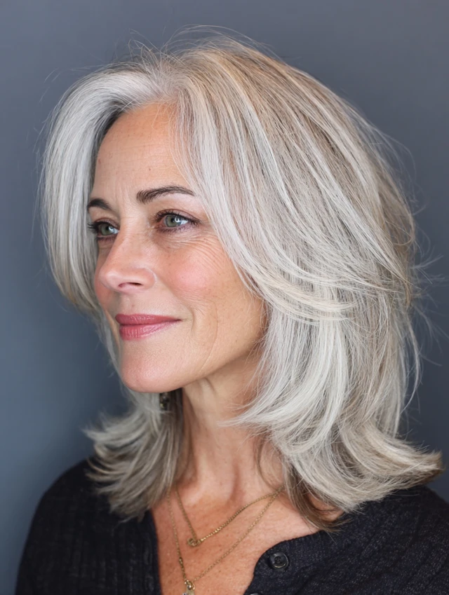 Feathered silver shag haircut