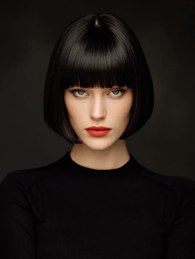 Sleek jet-black blunt bob haircut with a straight blunt fringe
