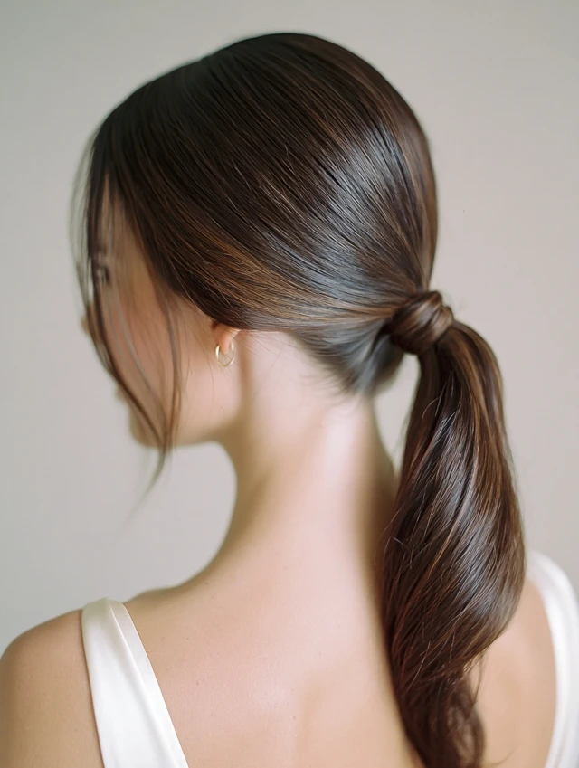 Sleek low ponytail with the base wrapped in a section of hair