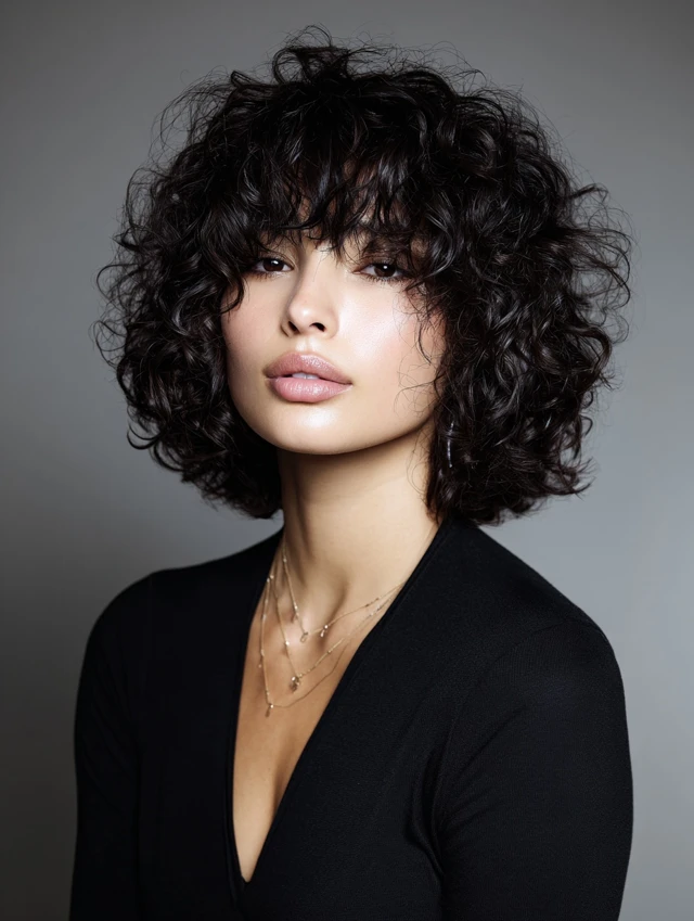 Chin length curly bob with short bangs