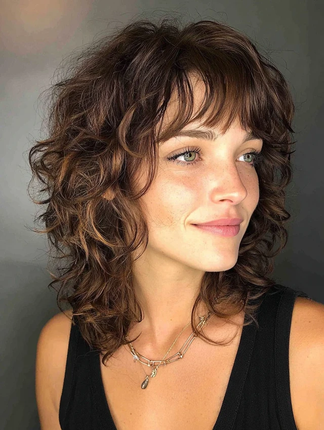 Medium length curly haircut with bouncy curls and bangs