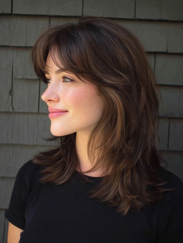Brunette shag haircut with face-framing layers and no bangs