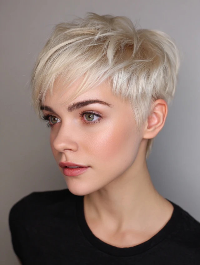 Golden blonde pixie cut with side swept top