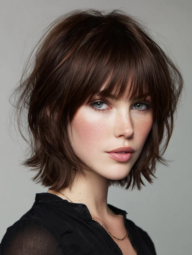 Woman with an espresso brown layered bob haircut and wispy full bangs