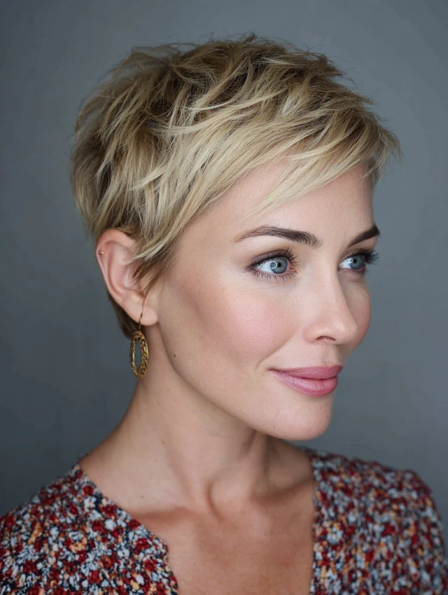 Layered short crop haircut adding volume to fine hair