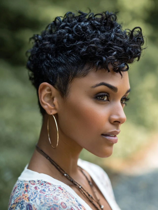 Short curly pixie cut on Black woman