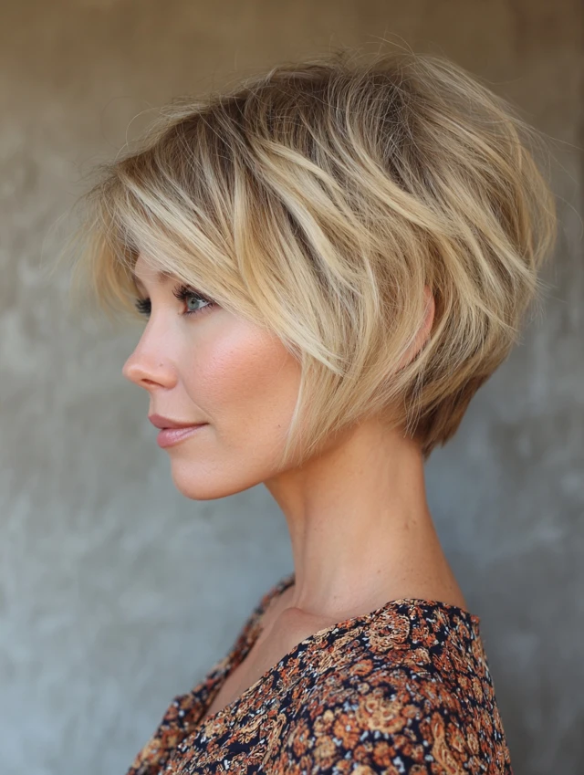 Blonde tapered pixie-bob with a stacked crown and neat nape