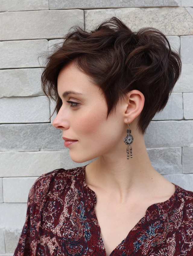 Dark brown pixie cut with textured volume on top