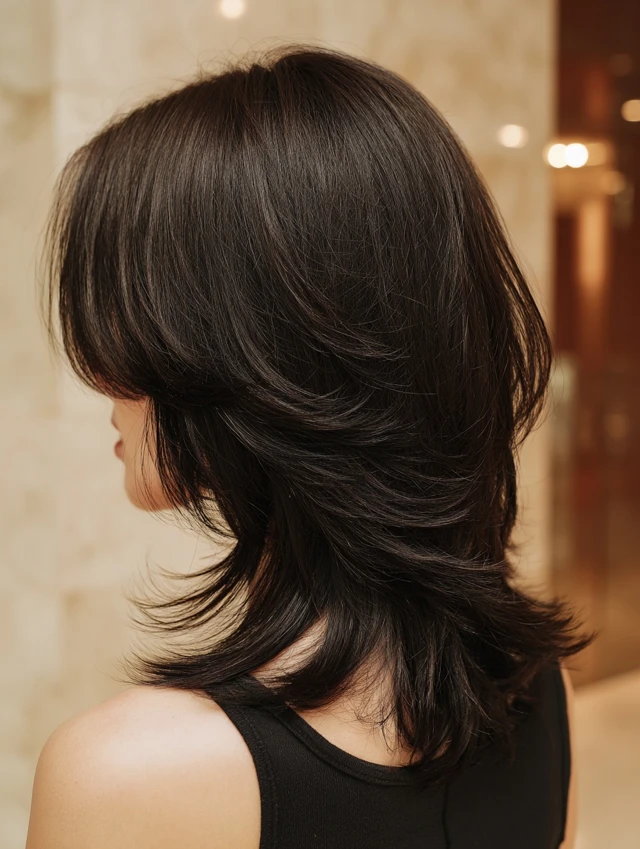 A woman with a black curved-under lob and face-framing layers