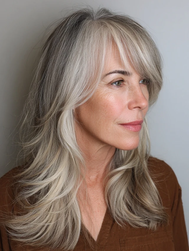 Gray hair with soft curtain bangs framing the face