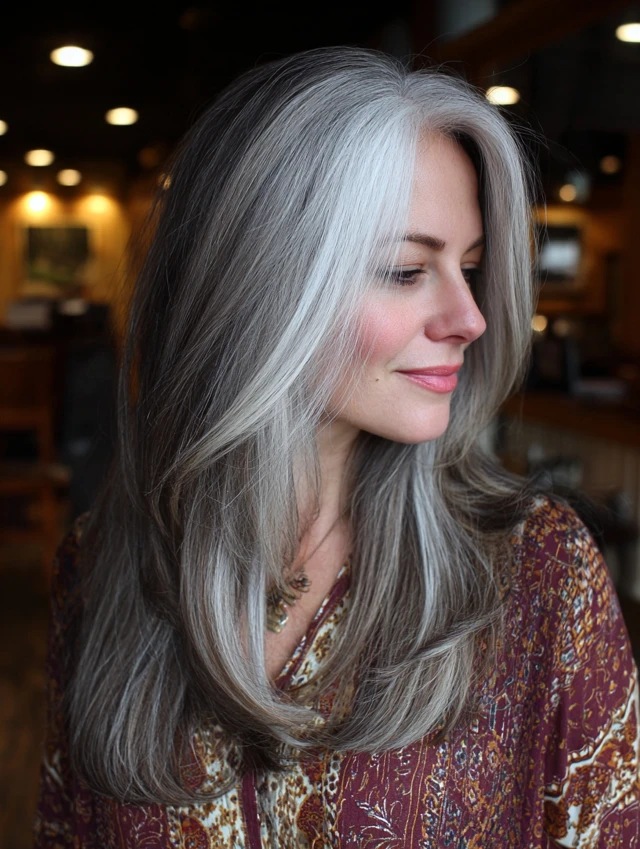 Long silver gray hair with layered face framing pieces
