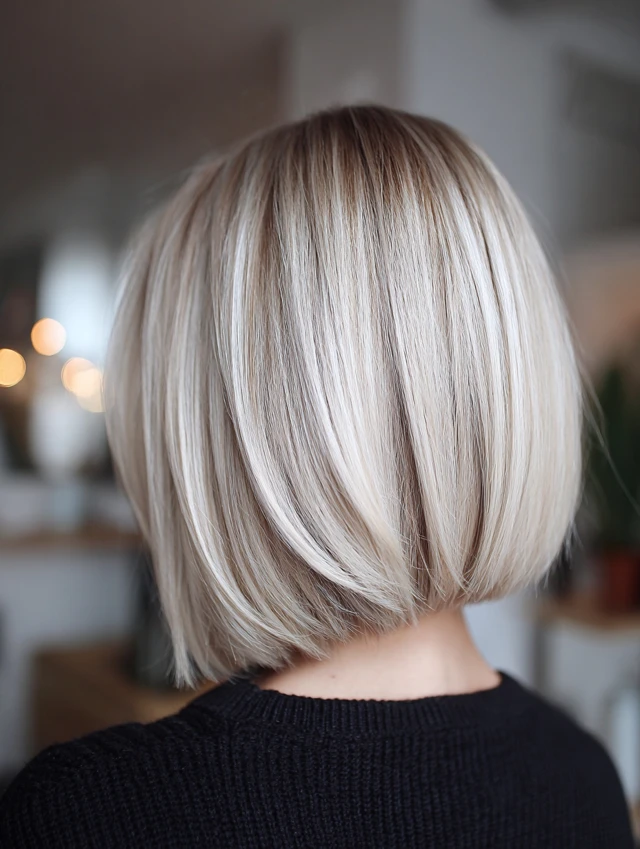 Back view of an ash blonde bob with a darker shadow root at the nape