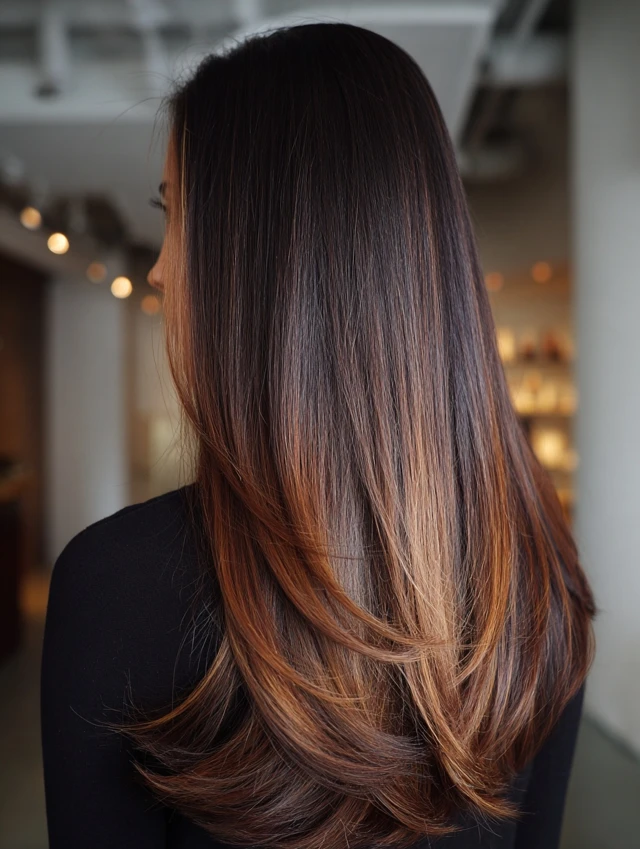 Back view of dark chocolate brown long hair with warm caramel balayage