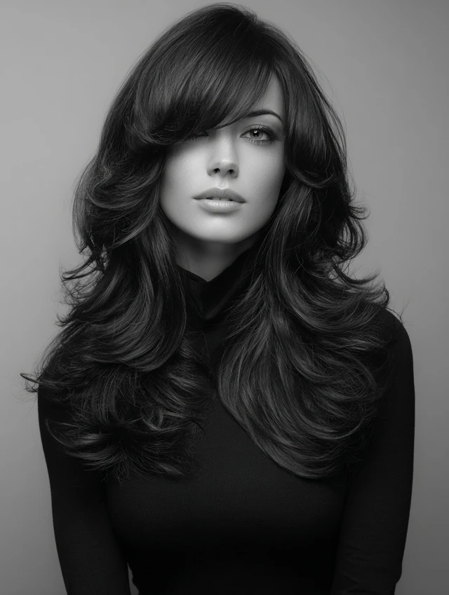 Long layered hair with soft side-swept bangs