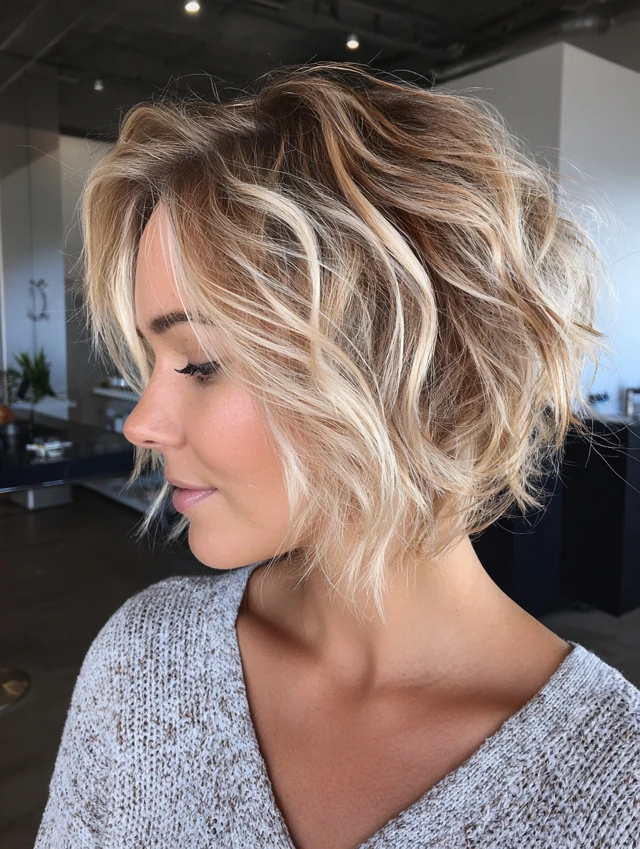 Shoulder-length blonde balayage lob with waves