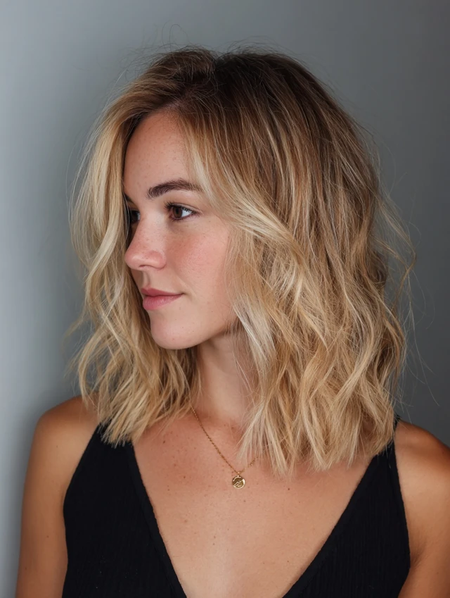 Blunt blonde wavy lob with face-framing highlights