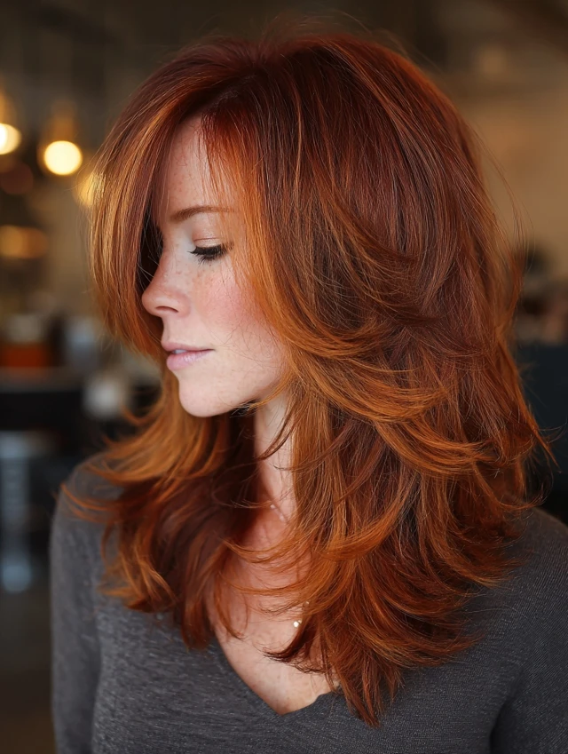 Medium-length warm auburn hair with copper undertones