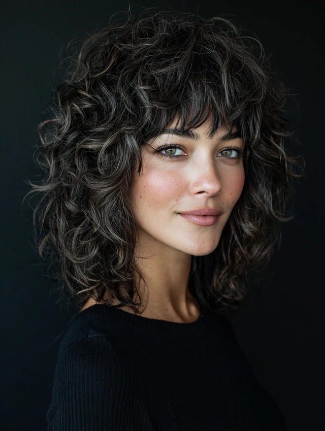 Curly shag haircut with bangs