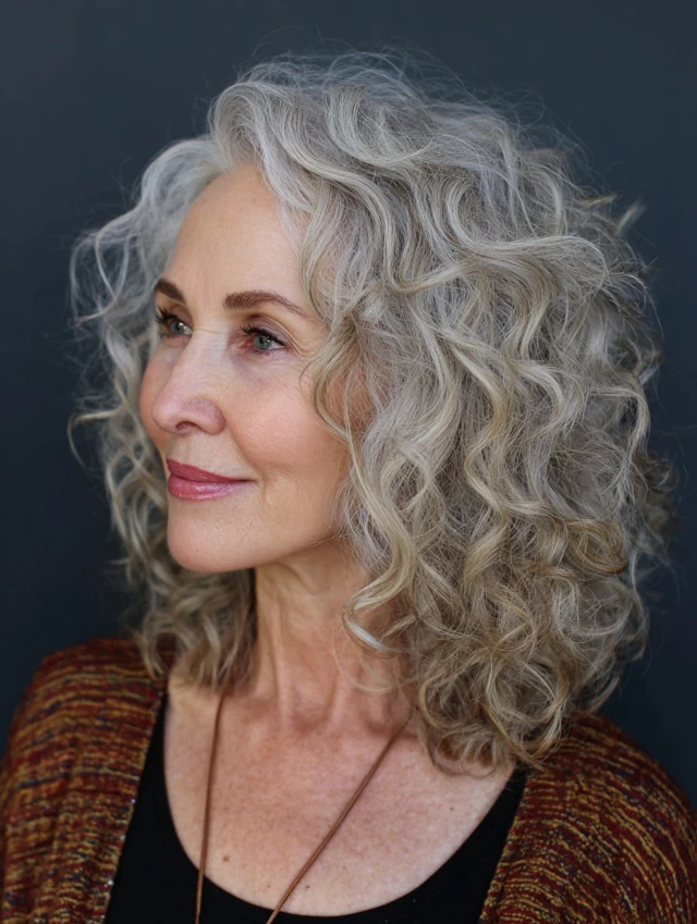 Curly shoulder-length hair in blended silver-gray tones